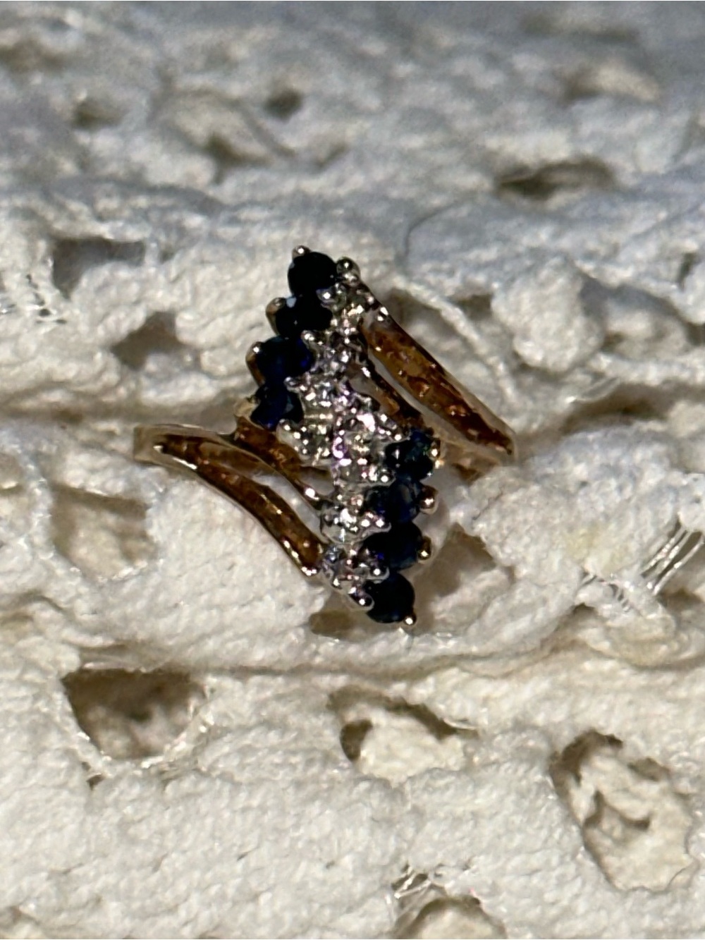 10k Solid Gold Ring with Navy Blue and Clear Stones